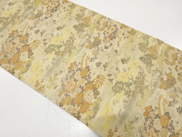 JAPANESE KIMONO / ANTIQUE NAGOYA OBI / SILK / WOVEN SHORE & FLOWERS & CRANE